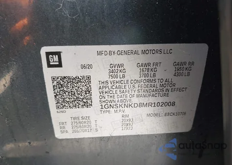 2021 Chevrolet Tahoe 4Wd Lt z USA, uszkodzony, nr VIN 1GNSKNKD8MR102008